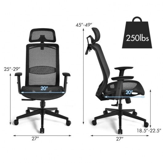 Height Adjustable Ergonomic High Back Mesh Office Chair with Hange-Black - Color: Black