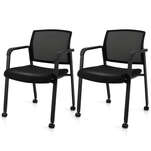 Set of 2 Stackable Rolling Office Chairs with Mesh Backrest-Black - Color: Black