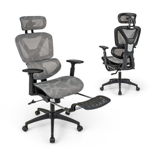 Mesh Office Chair with Tilting Backrest and Retractable Footrest-Gray - Color: Gray