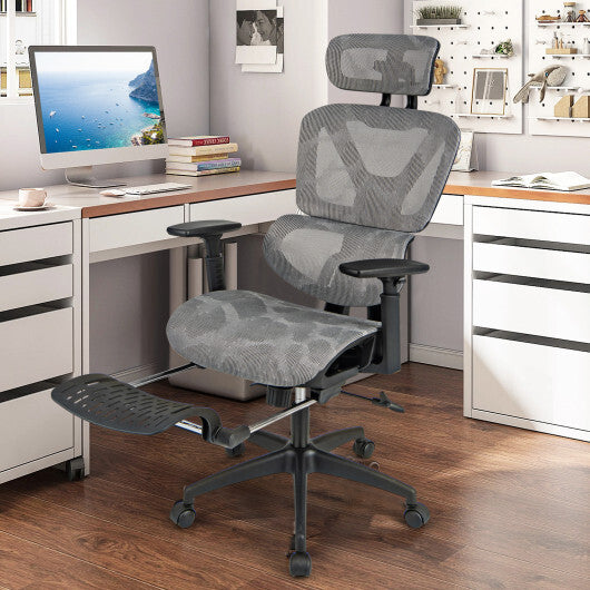 Mesh Office Chair with Tilting Backrest and Retractable Footrest-Gray