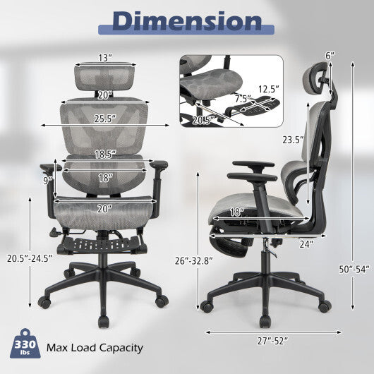 Mesh Office Chair with Tilting Backrest and Retractable Footrest-Gray