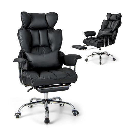 Adjustable Swivel Office Chair with Reclining Backrest and Retractable Footrest-Black - Color: Black