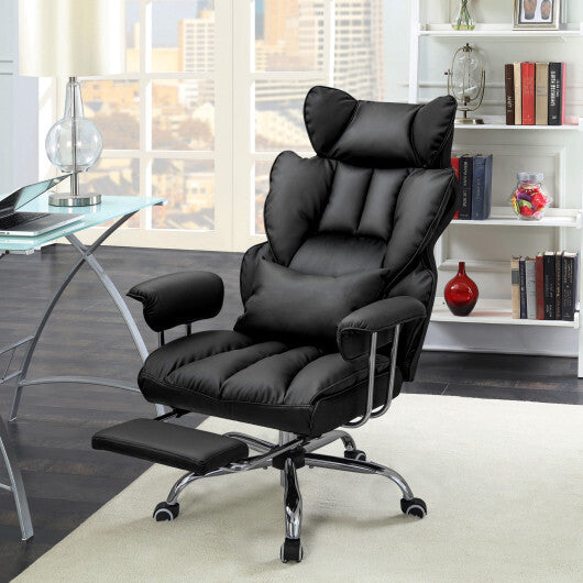 Adjustable Swivel Office Chair with Reclining Backrest and Retractable Footrest-Black - Color: Black