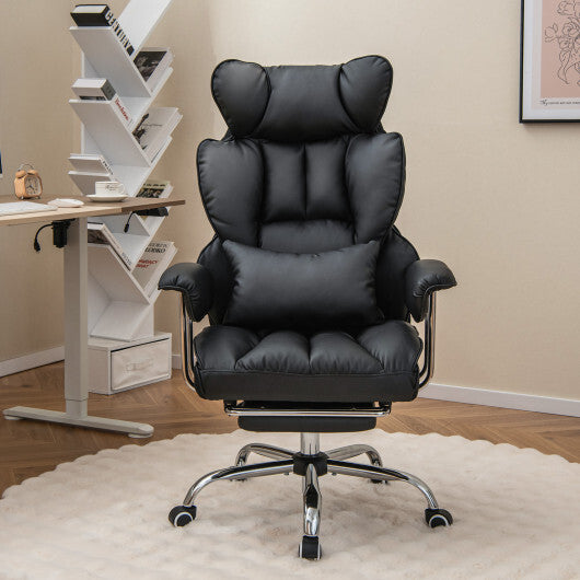 Adjustable Swivel Office Chair with Reclining Backrest and Retractable Footrest-Black - Color: Black