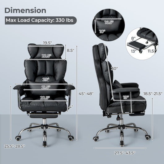 Adjustable Swivel Office Chair with Reclining Backrest and Retractable Footrest-Black - Color: Black