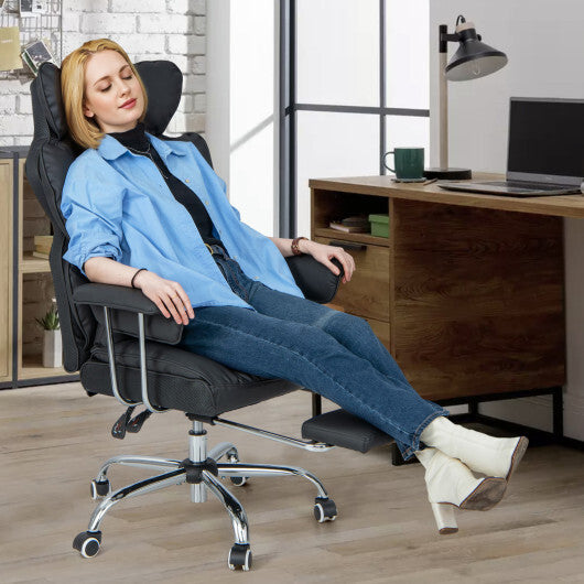 Adjustable Swivel Office Chair with Reclining Backrest and Retractable Footrest-Black - Color: Black