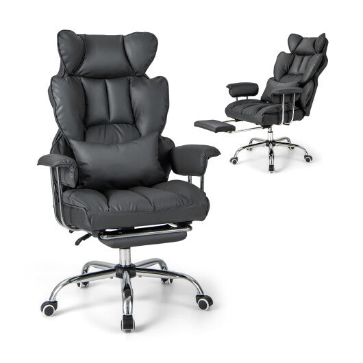 Adjustable Swivel Office Chair with Reclining Backrest and Retractable Footrest-Gray - Color: Gray