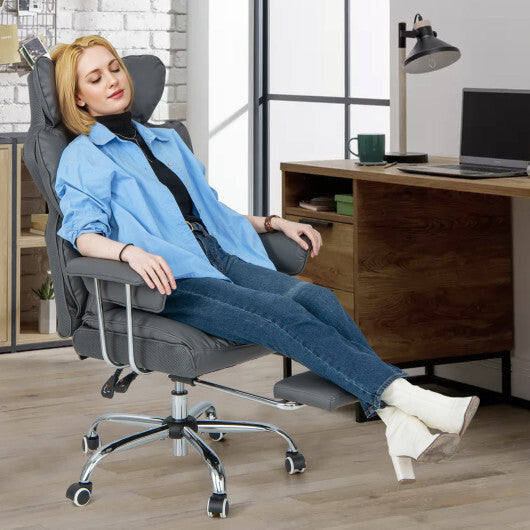 Adjustable Swivel Office Chair with Reclining Backrest and Retractable Footrest-Gray - Color: Gray