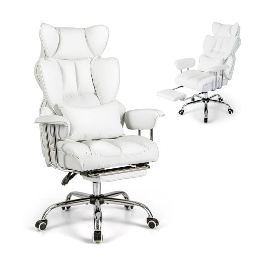 Adjustable Swivel Office Chair with Reclining Backrest and Retractable Footrest-White - Color: White