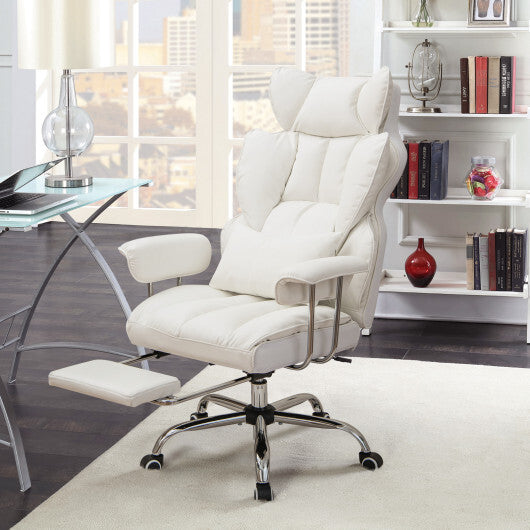 Adjustable Swivel Office Chair with Reclining Backrest and Retractable Footrest-White - Color: White