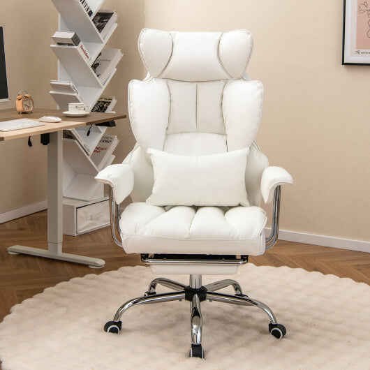 Adjustable Swivel Office Chair with Reclining Backrest and Retractable Footrest-White - Color: White