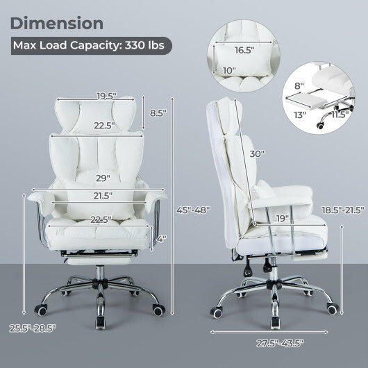 Adjustable Swivel Office Chair with Reclining Backrest and Retractable Footrest-White - Color: White