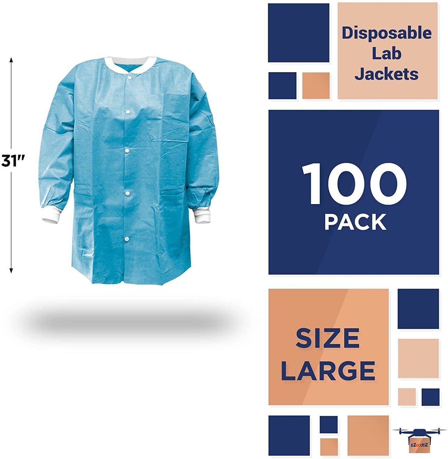 Disposable Lab Jackets; 33" Long. Pack of 100 Blue Hip-Length Work Gowns XX-Large. SMS 50 gsm Shirts with Snaps Front; Knit Cuffs & Collar; 3 Pockets. PPE Body Protective Short Coats in Bulk.