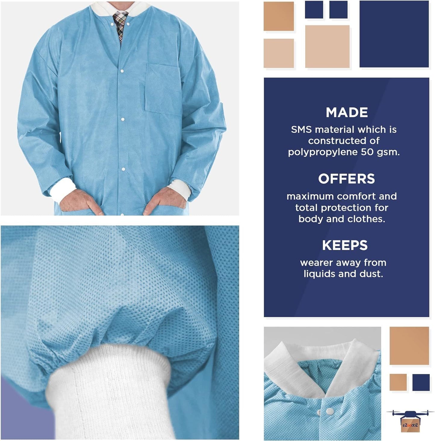 Disposable Lab Jackets; 33" Long. Pack of 100 Blue Hip-Length Work Gowns XX-Large. SMS 50 gsm Shirts with Snaps Front; Knit Cuffs & Collar; 3 Pockets. PPE Body Protective Short Coats in Bulk.