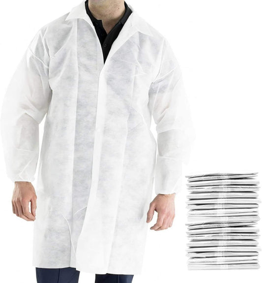 White Disposable Lab Coats for Adults X-Large 42' Long; PPE Breathable Disposable Smocks Pack of 30; Splash Proof Unisex Disposable Scrubs with Folded Collar; Elastic Wrists; Front Snaps