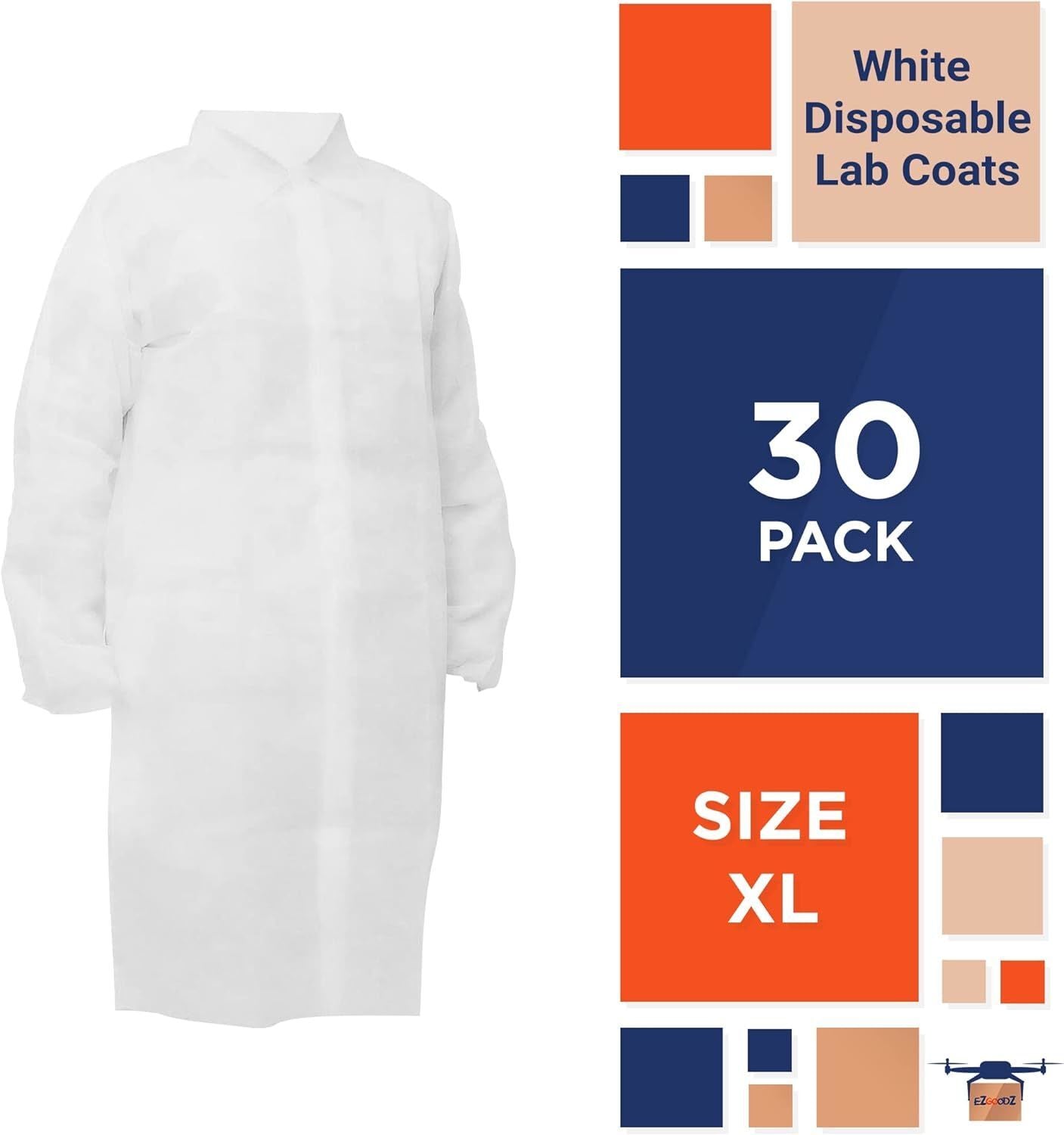 White Disposable Lab Coats for Adults X-Large 42' Long; PPE Breathable Disposable Smocks Pack of 30; Splash Proof Unisex Disposable Scrubs with Folded Collar; Elastic Wrists; Front Snaps