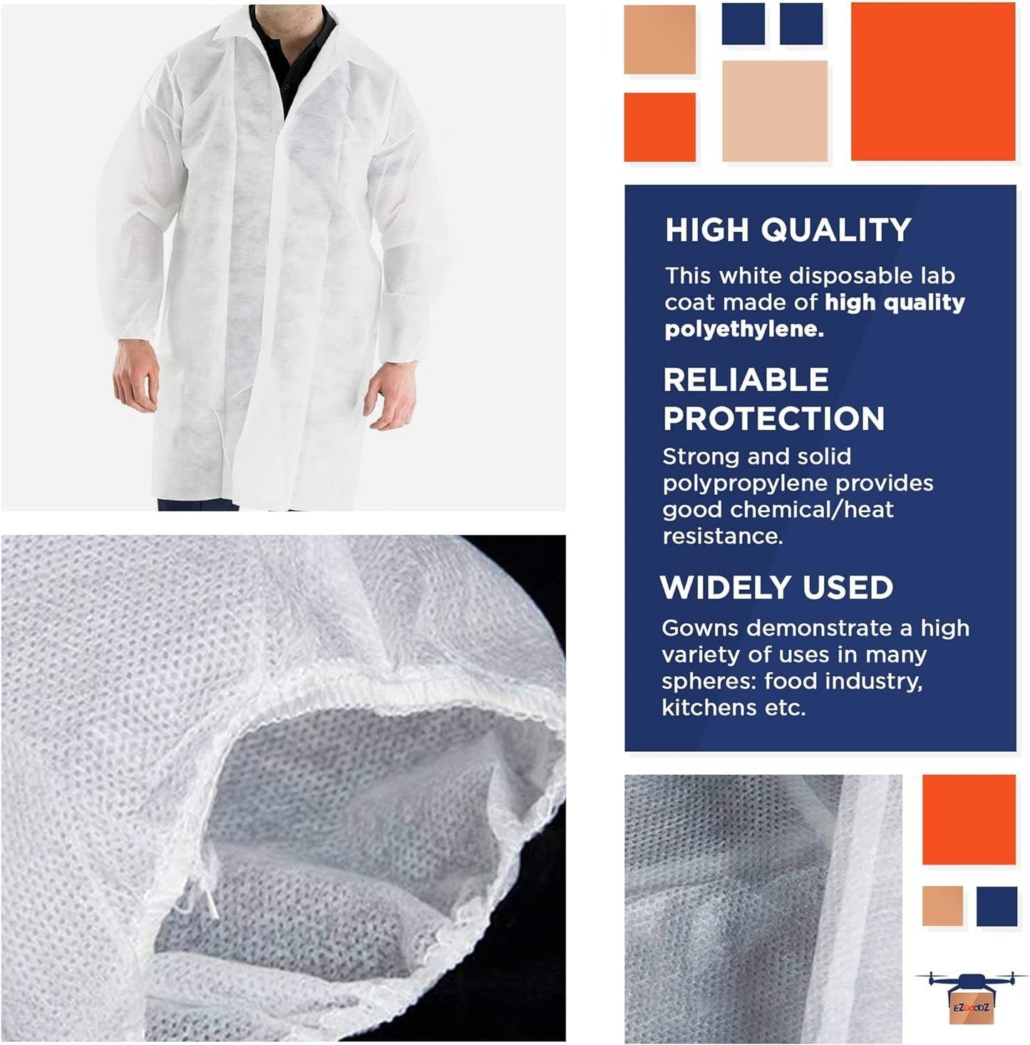 White Disposable Lab Coats for Adults X-Large 42' Long; PPE Breathable Disposable Smocks Pack of 30; Splash Proof Unisex Disposable Scrubs with Folded Collar; Elastic Wrists; Front Snaps