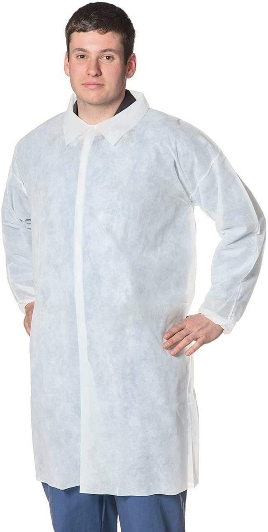 Pack of 10 White Lab Coats. Unisex XL Size Disposable Polypropylene Lab Coats 35 GSM Disposable Lab Coats for Men and Women. Hook and Loop Fastener; Collar; Elastic Wrists; No Pockets. Wholesale