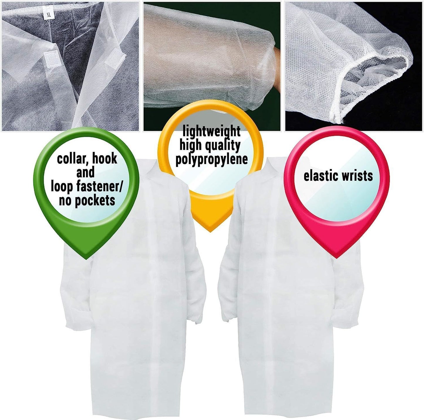 Pack of 10 White Lab Coats. Unisex XL Size Disposable Polypropylene Lab Coats 35 GSM Disposable Lab Coats for Men and Women. Hook and Loop Fastener; Collar; Elastic Wrists; No Pockets. Wholesale