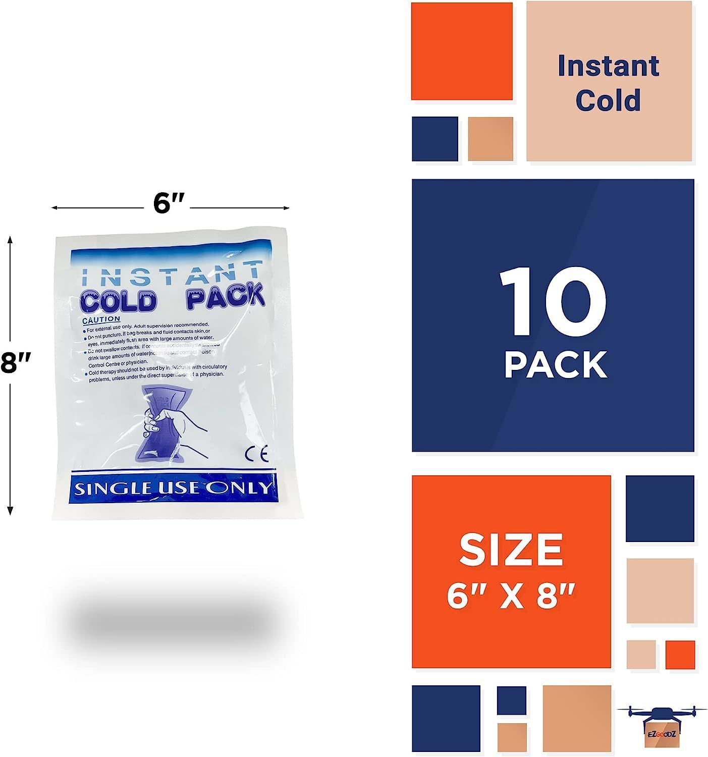 Instant Cold Pack 6 x 8 Inch. Pack of 10 First Aid Instant Cold Packs for Injuries, Spasms, Burn. Single Use Instant Cold Compress First Aid. Portable Instant Ice Packs for Injuries Disposable