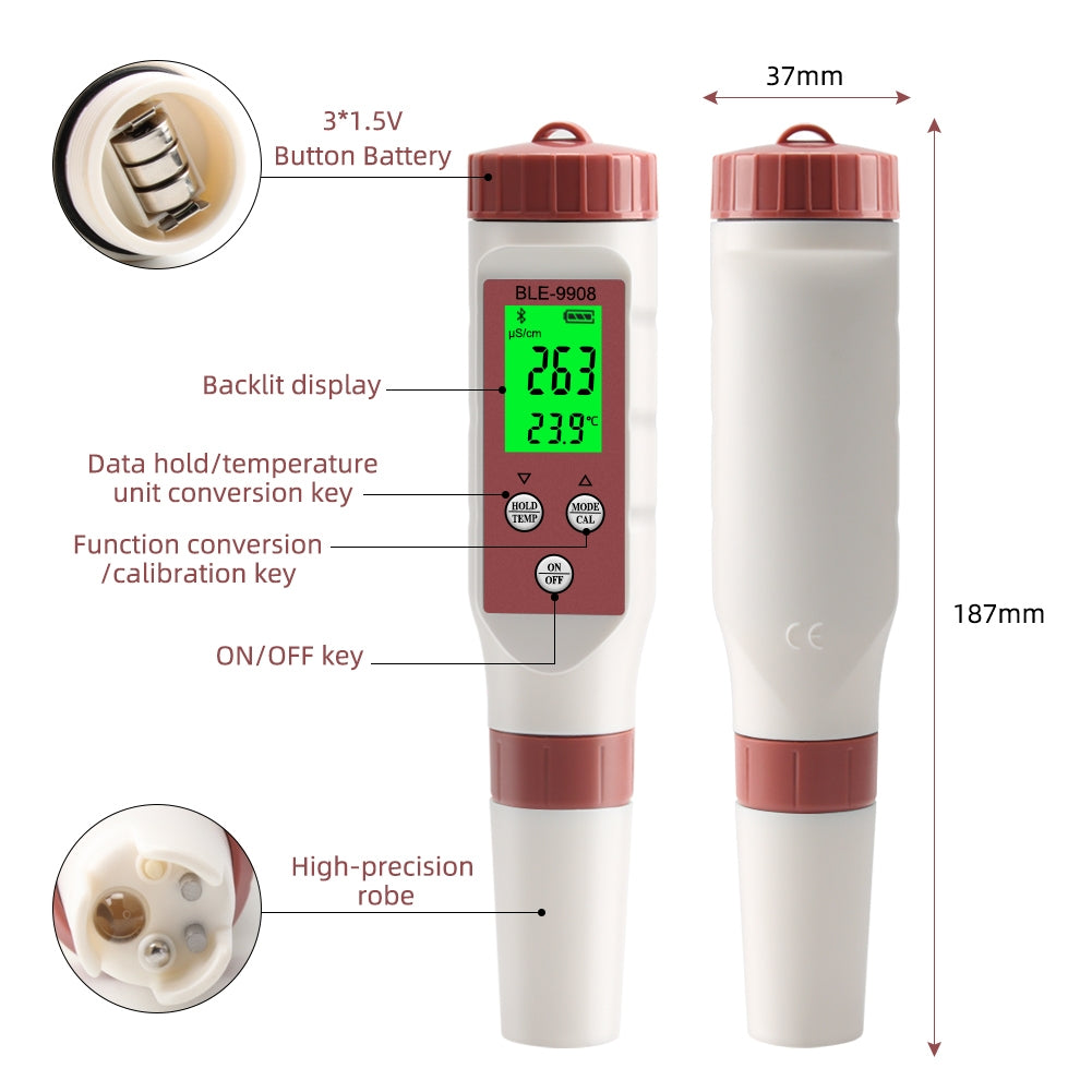 4-in-1 9908 Water Quality Test Pen Ph/tds/ec/temp Portable Bluetooth Tester for Drinking Water Aquariums Backlight