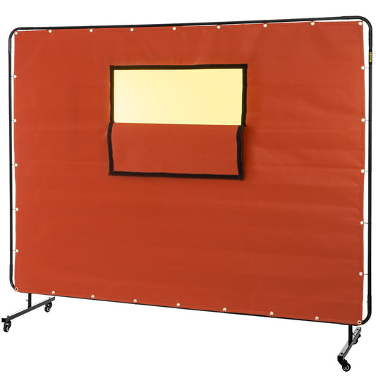 VEVOR Welding Curtain, 6' x 8', Welding Screen with Metal Frame & 4 Wheels, Fireproof Fiberglass w/Transparent Window, for Workshop, Industrial Site, Red