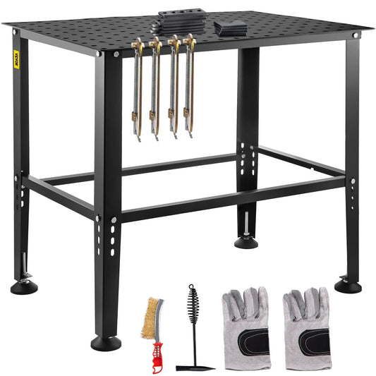 VEVOR Welding Table, 36" x 24" Adjustable Workbench, 0.12" Thick Industrial Workbench, 600lb Load Capacity Metal Workbench, Heavy Duty Carbon Steel Welding Table, Gray Steel Work Table w/ Accessories