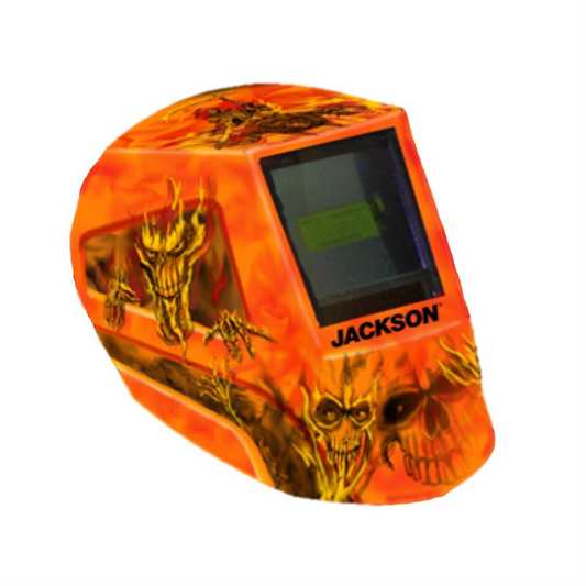 Jackson Safety - Welding Helmet - Auto Darkening - Nylon - 3.94" x 3.64" Viewing Area - Shade 3/5-13 Variable ADF 1/1/1/1 - 370 Speed Dial Headgear - Hellfire Graphics