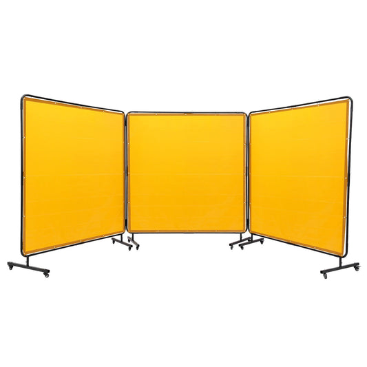 VEVOR Welding Screen with Frame, 6' x 6' 3 Panel Welding Curtain Screens, Flame-Resistant Vinyl Welding Protection Screen on 12 Swivel Wheels (6 Lockable), Moveable & Professional for Workshop, Yellow