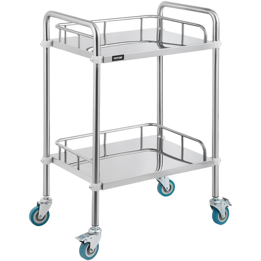 VEVOR 2-Shelf lab cart with Wheels Stainless Steel Rolling cart Lab Cart Utility Cart with high-Polish Stainless Steel 2 Lockable Wheels for Fixing