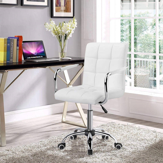 White Modern Faux Leather Mid-Back Swivel Office Chair with Armrests and Wheels