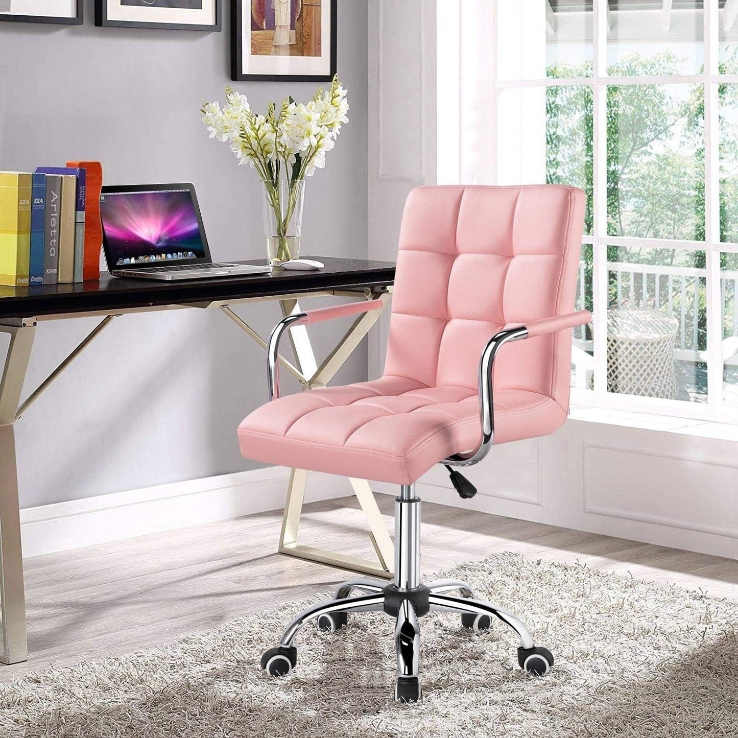 Pink Modern Faux Leather Mid-Back Swivel Office Chair with Armrests and Wheels